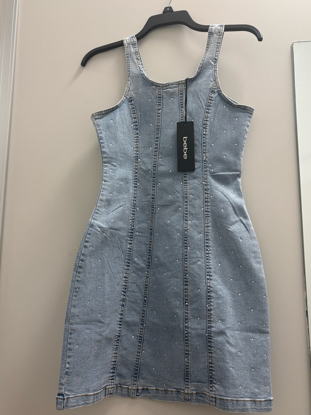 NWT!! BEBE Light Blue Pearl-Embellished Denim Mini Dress - Picture 4 of 4